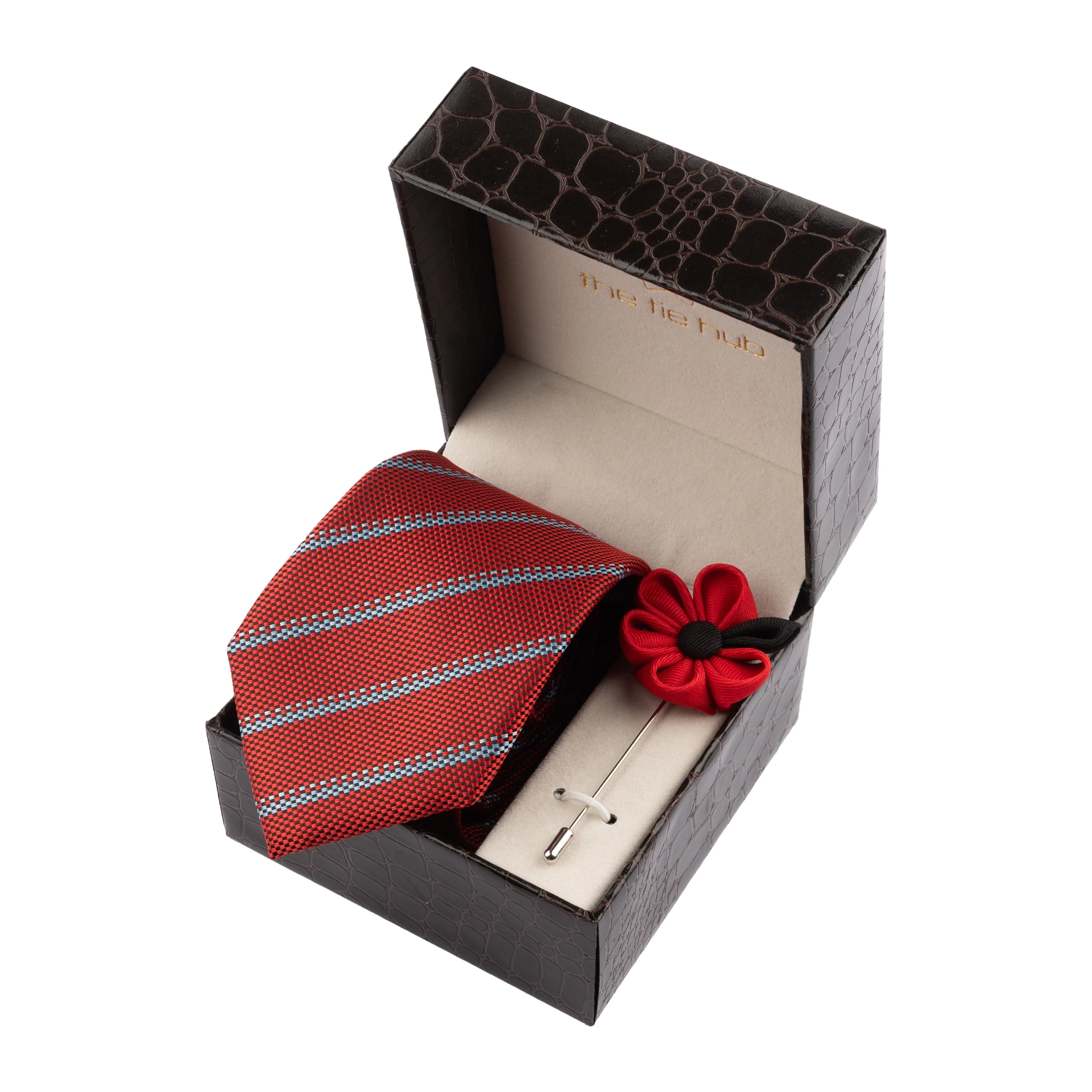 Red Stripe Necktie with Flower Lapel Pin Combo Set for Men
