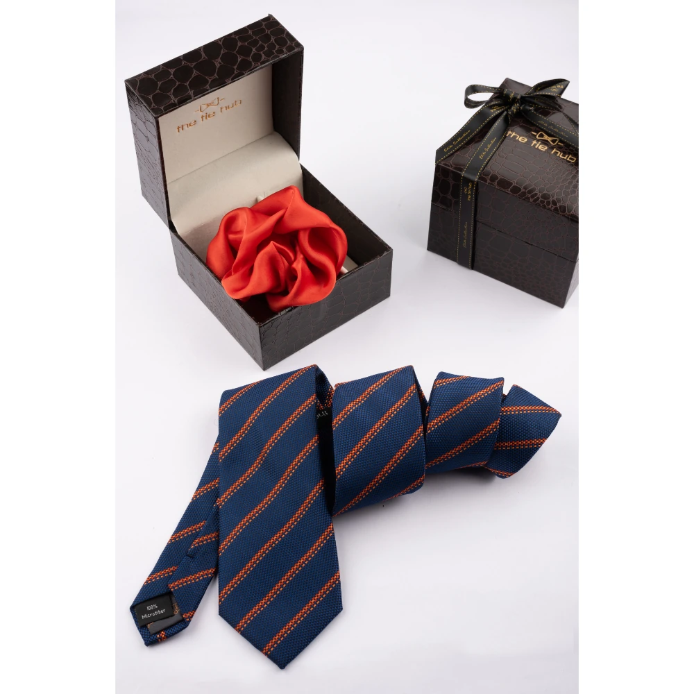 Navy Blue Stripe Necktie with Pocket Square Combo Set for Men