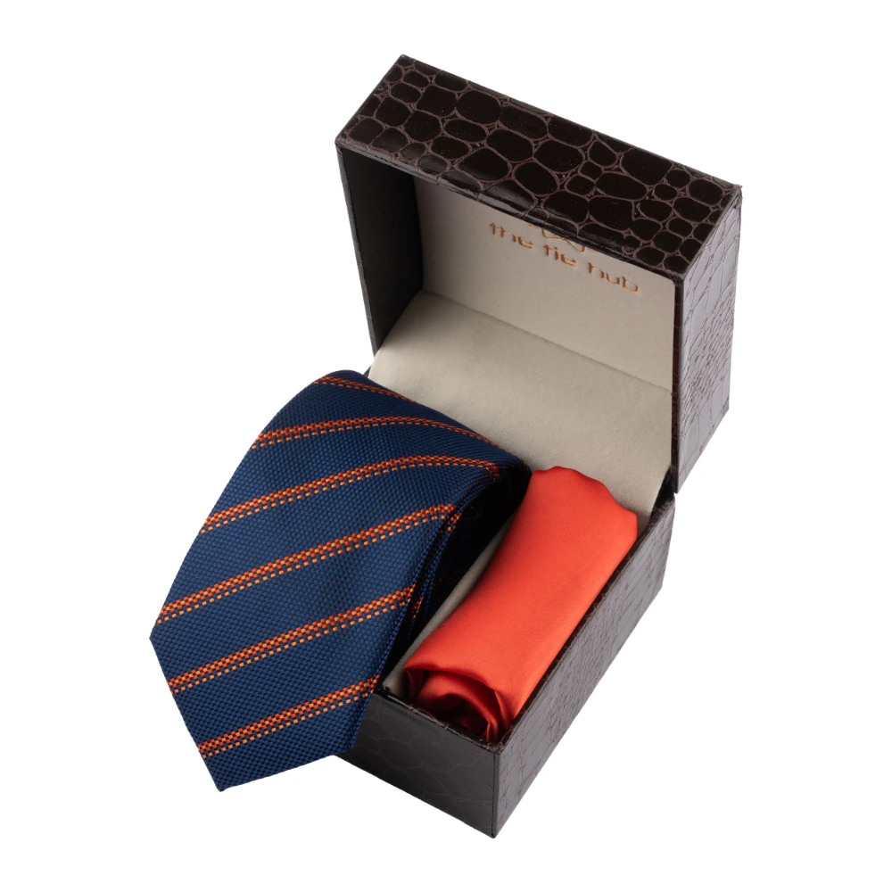 Navy Blue Stripe Necktie with Pocket Square Combo Set for Men