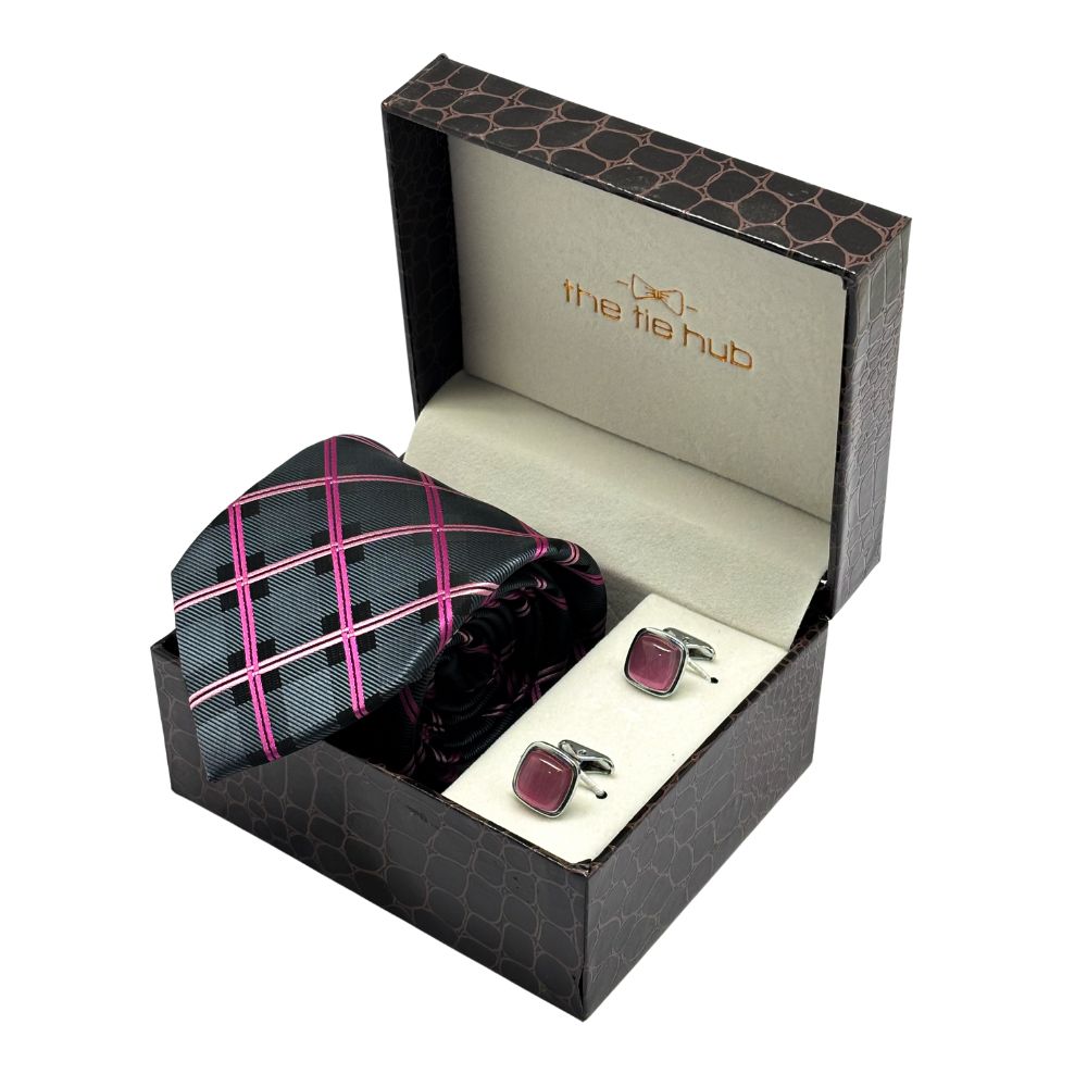 Grey with Pink Checkered Microfiber Necktie with Cufflinks Combo Set for Men