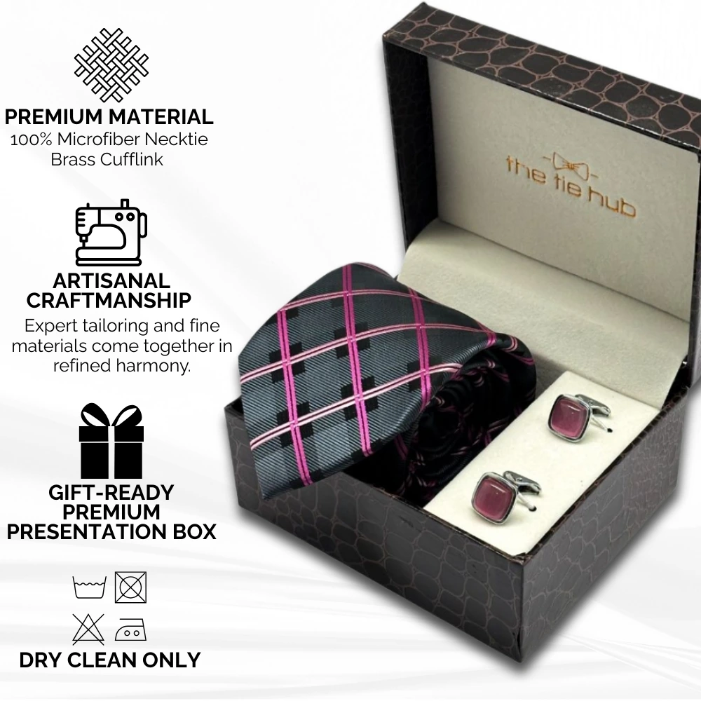 Grey with Pink Checkered Microfiber Necktie with Cufflinks Combo Set for Men