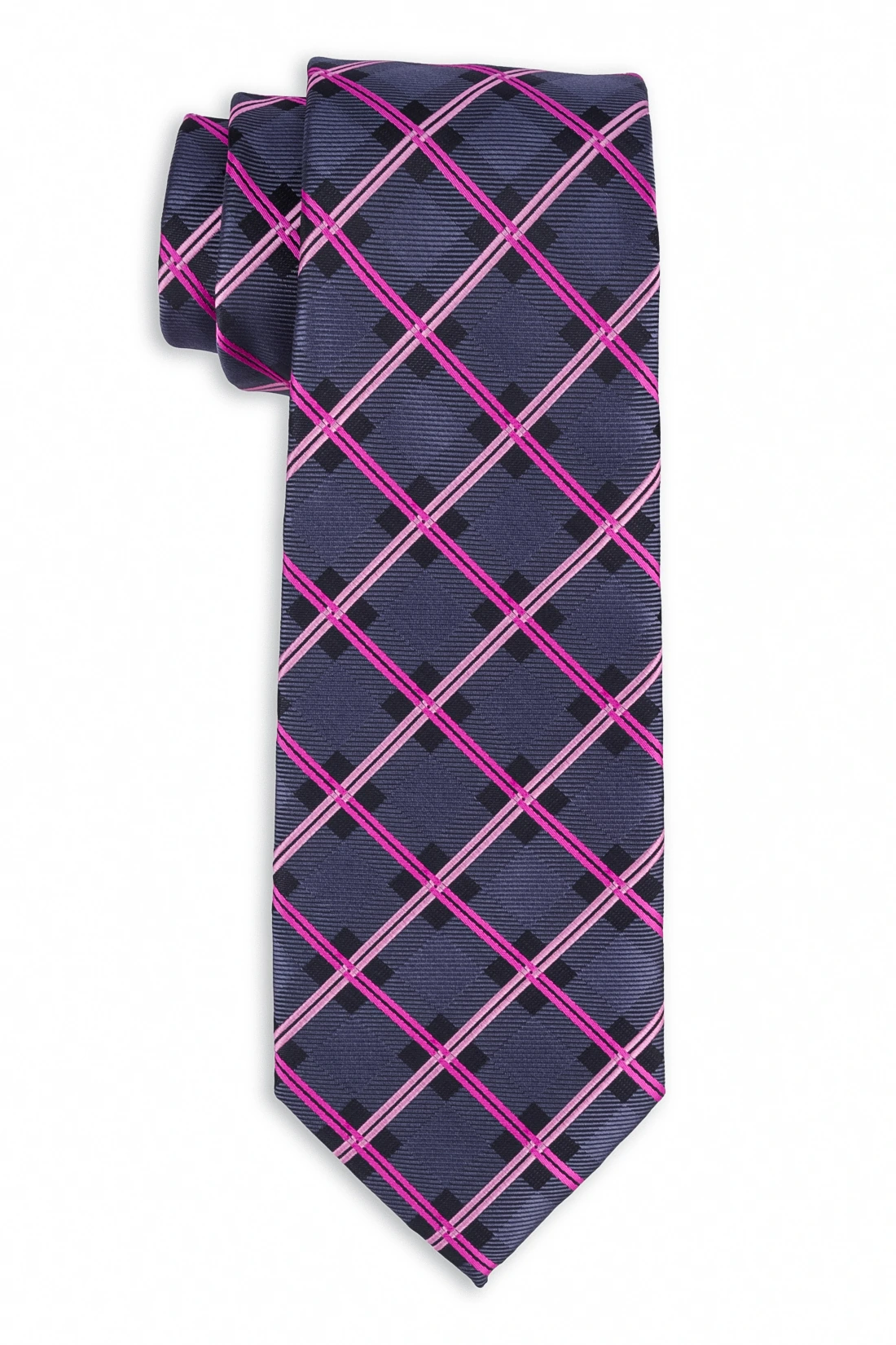 Grey with Pink Checkered Microfiber Necktie with Cufflinks Combo Set for Men