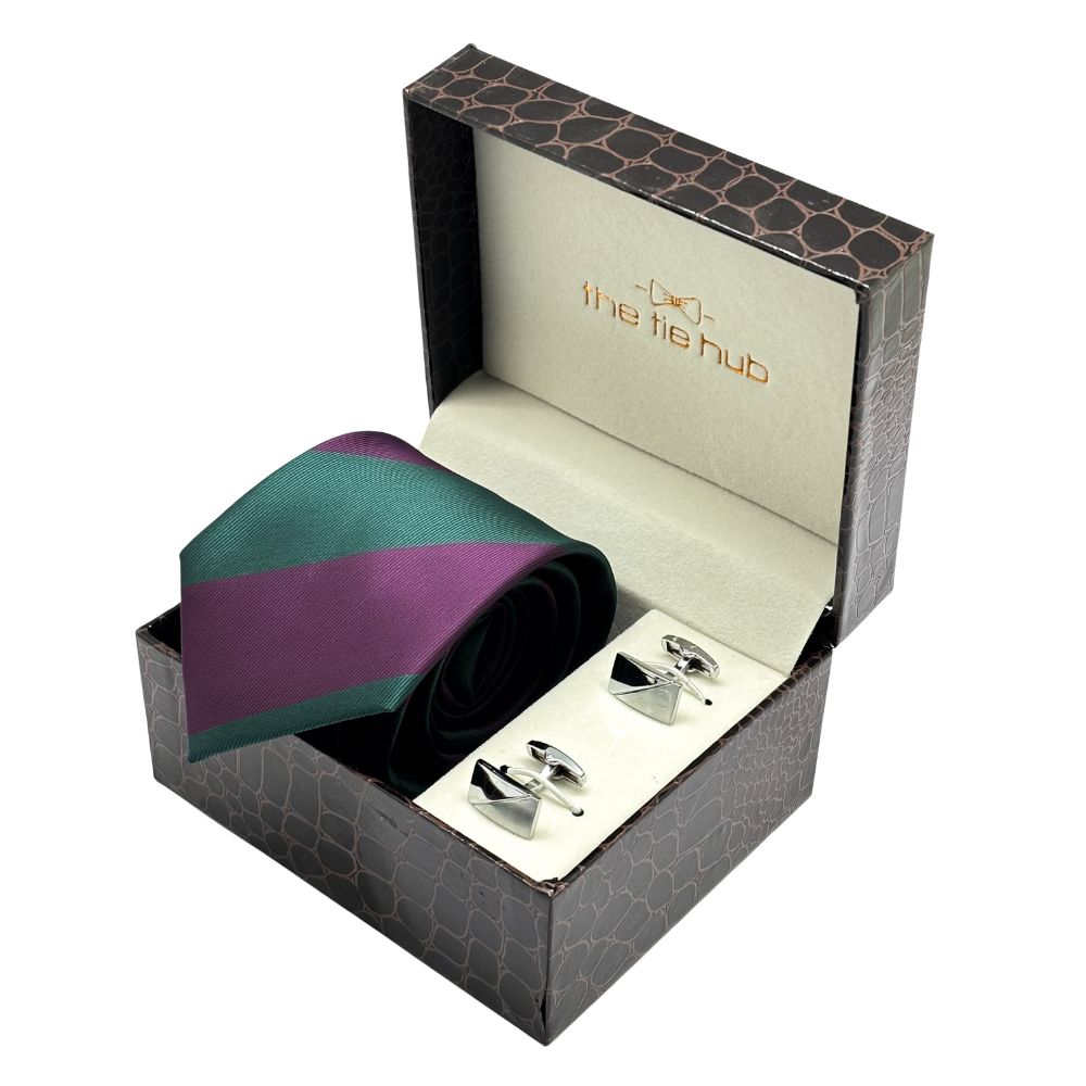 Green with Purple Stripe Microfiber Necktie with Cufflinks Combo Set for Men