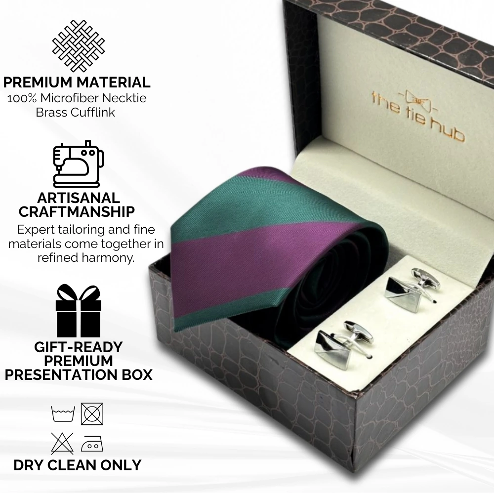 Green with Purple Stripe Microfiber Necktie with Cufflinks Combo Set for Men