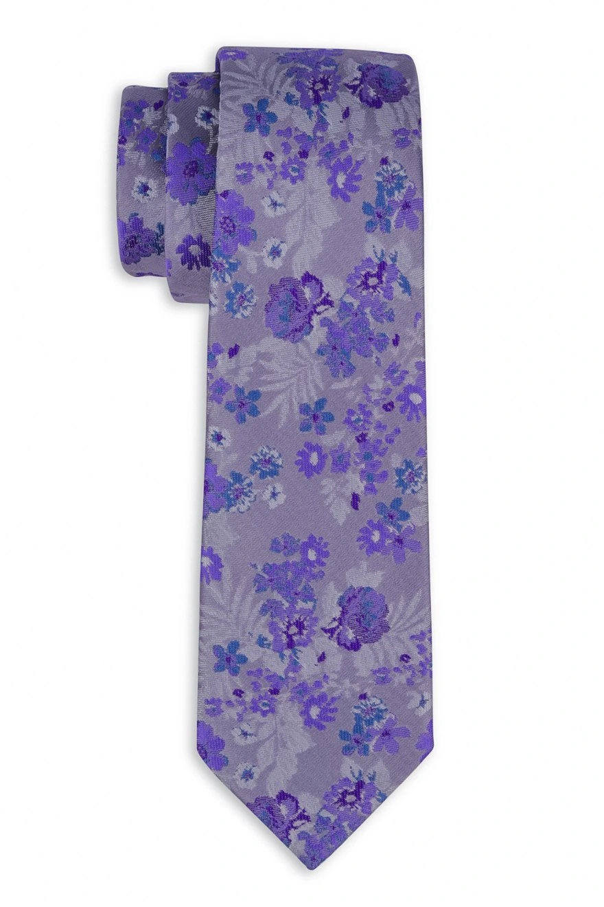Purple Floral Microfiber Necktie with Cufflinks Combo Set for Men