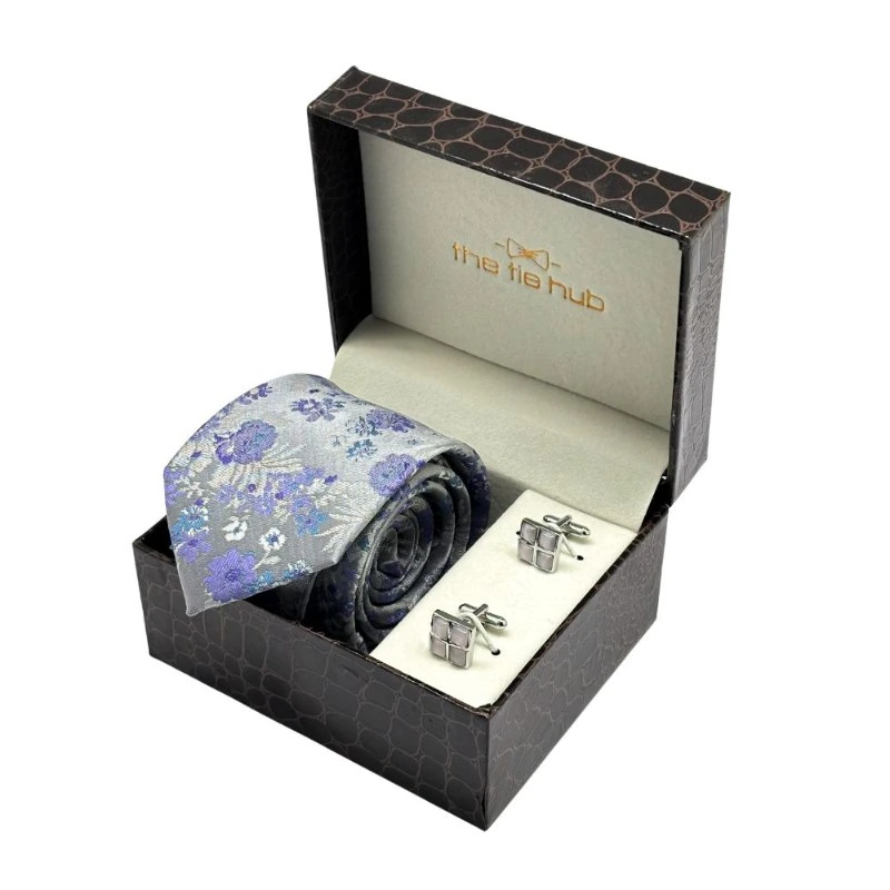 Purple Floral Microfiber Necktie with Cufflinks Combo Set for Men