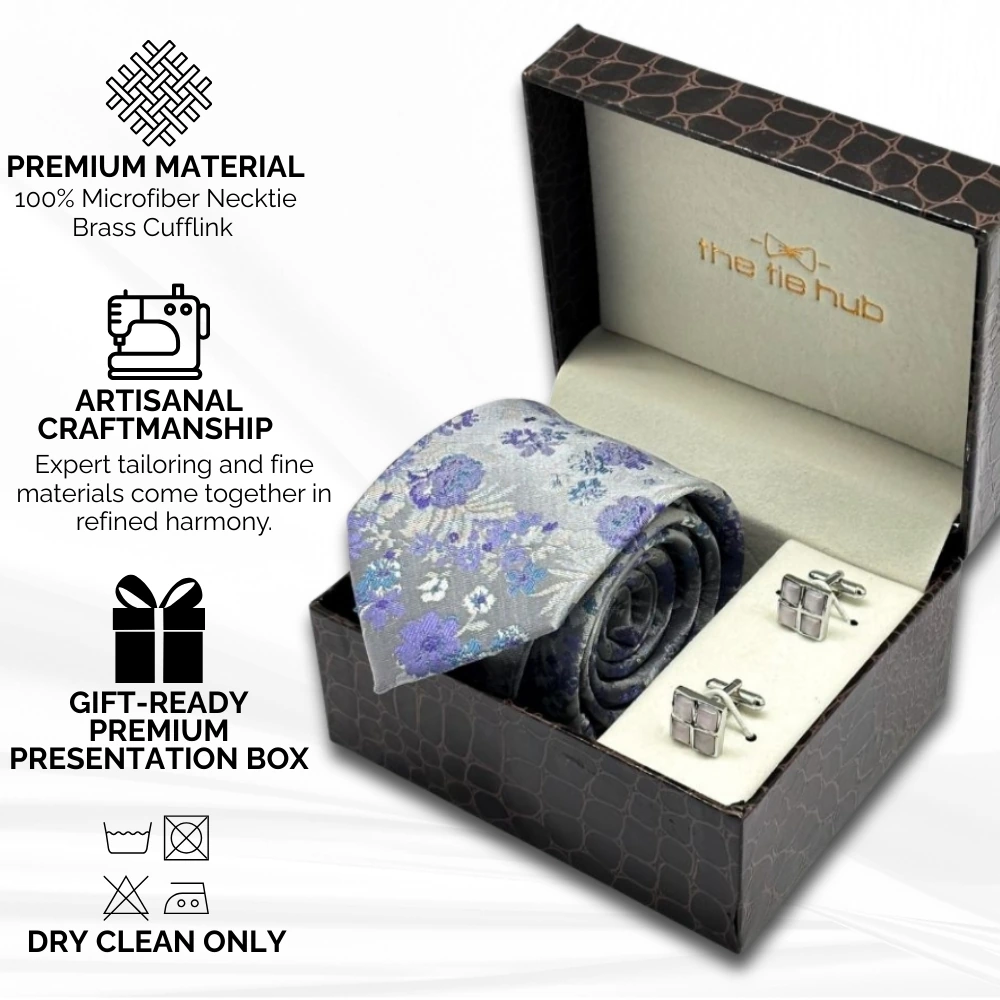 Purple Floral Microfiber Necktie with Cufflinks Combo Set for Men