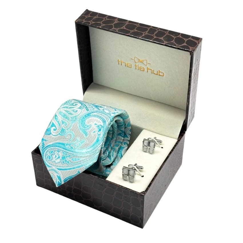 Sea Green Paisley Microfiber Necktie with Cufflinks Combo Set for Men