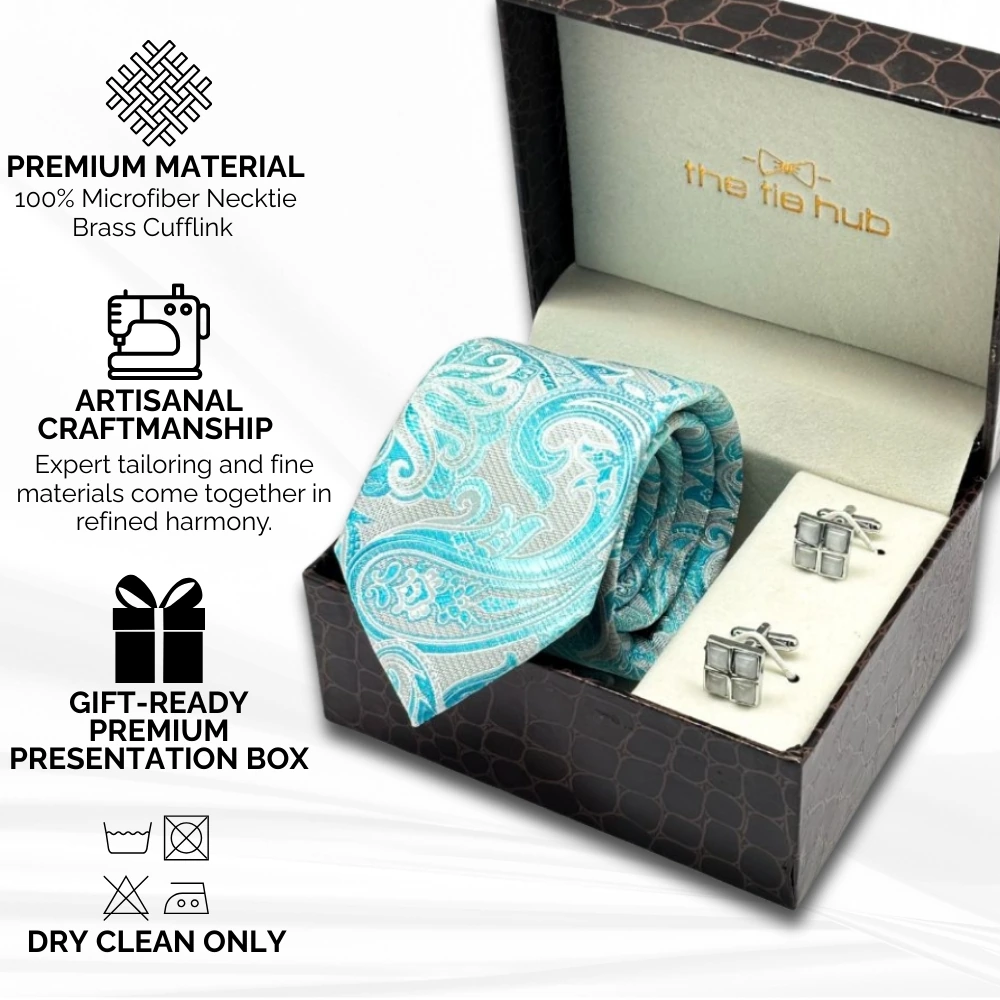 Sea Green Paisley Microfiber Necktie with Cufflinks Combo Set for Men