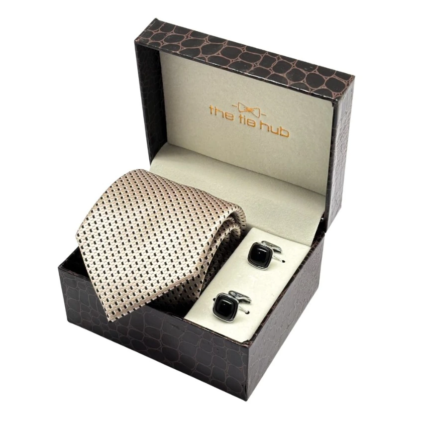 Yellow Polka Microfiber Necktie with Cufflinks Combo Set for Men