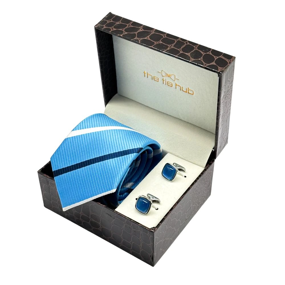 Sky Blue Stripe Microfiber Necktie with Cufflinks Combo Set for Men