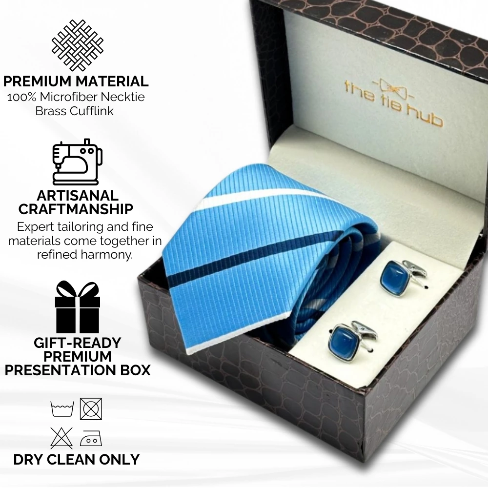 Sky Blue Stripe Microfiber Necktie with Cufflinks Combo Set for Men