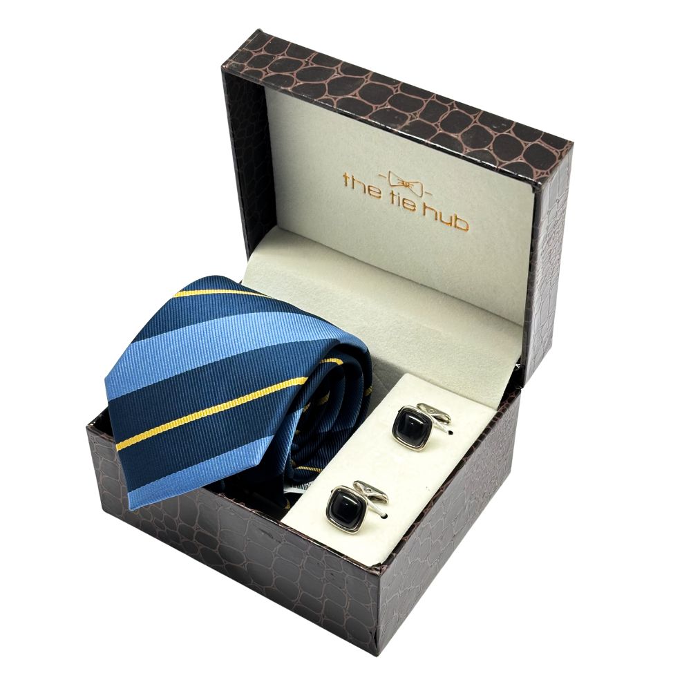 Blue Stripe Microfiber Necktie with Cufflinks Combo Set for Men