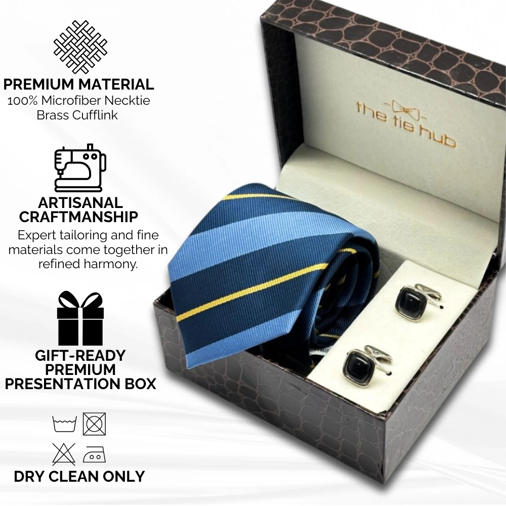 Blue Stripe Microfiber Necktie with Cufflinks Combo Set for Men