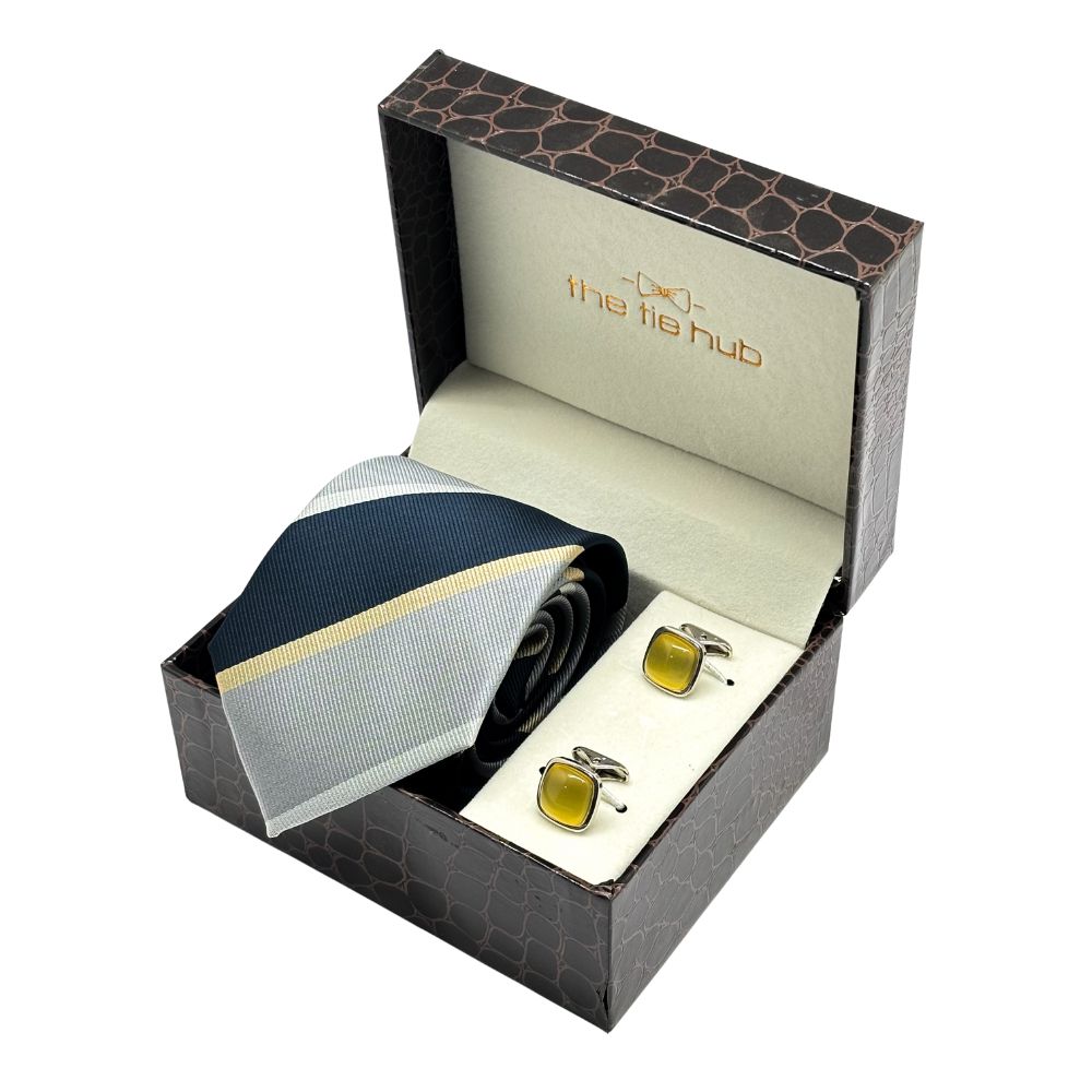 Grey Stripe Microfiber Necktie with Cufflinks Combo Set for Men