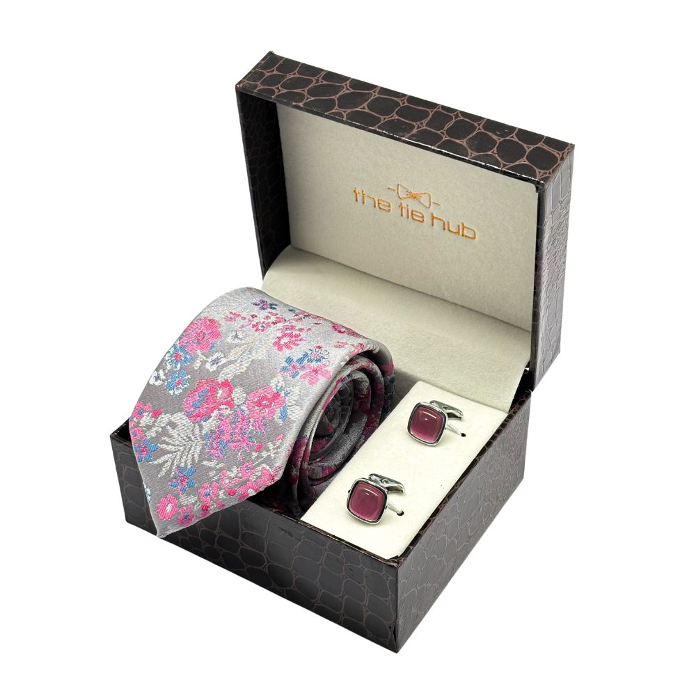 Pink Floral Microfiber Necktie with Cufflinks Combo Set for Men