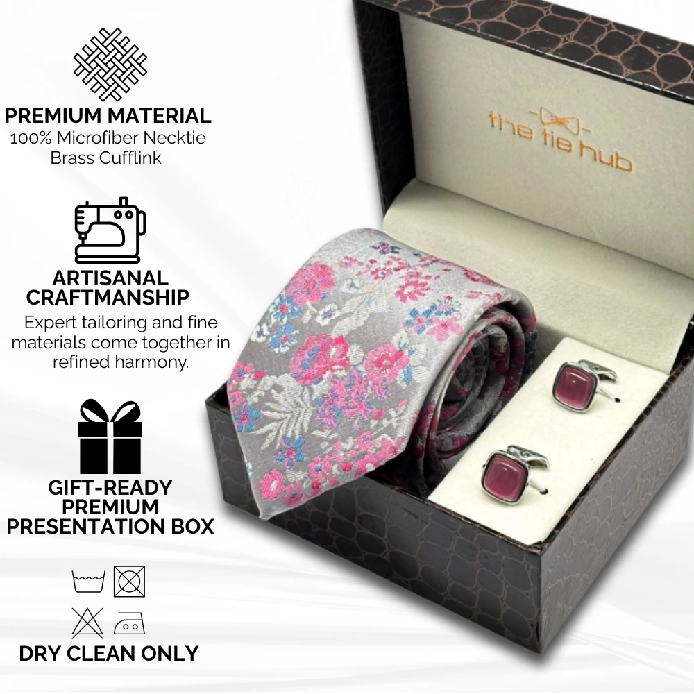Pink Floral Microfiber Necktie with Cufflinks Combo Set for Men