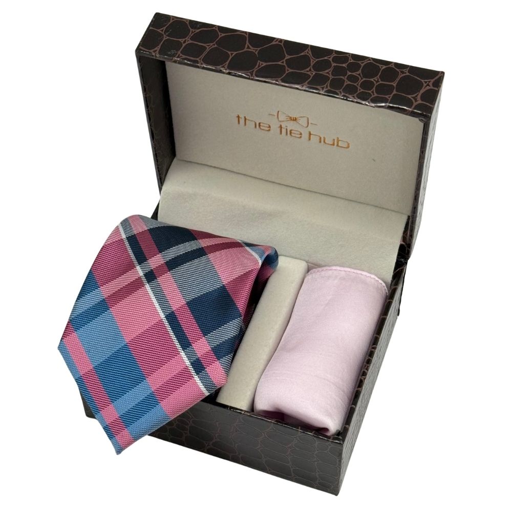 Pink and Blue Checkered Necktie with Lilac Pocket Square Combo for Men
