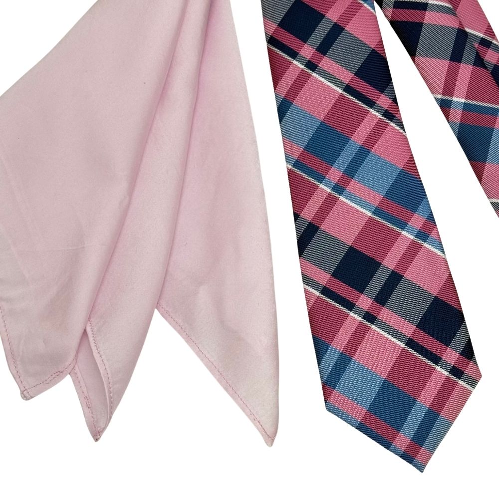 Pink and Blue Checkered Necktie with Lilac Pocket Square Combo for Men
