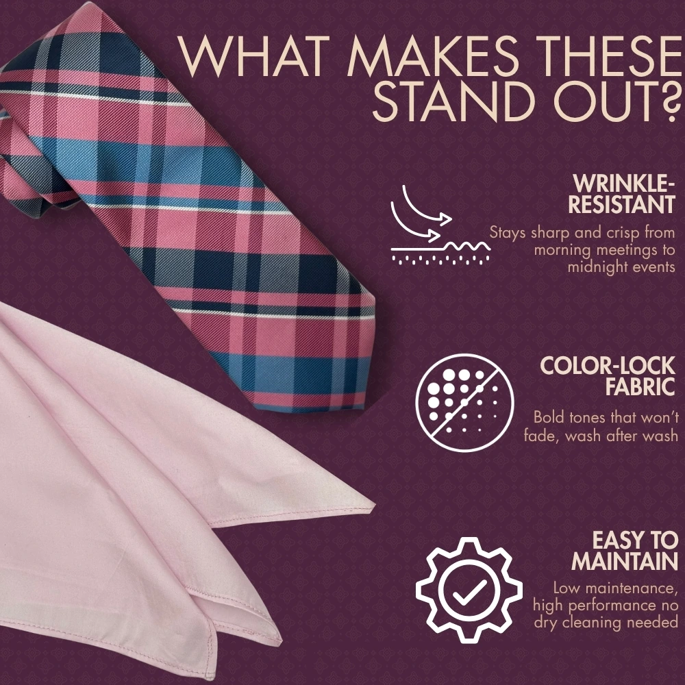 Pink and Blue Checkered Necktie with Lilac Pocket Square Combo for Men