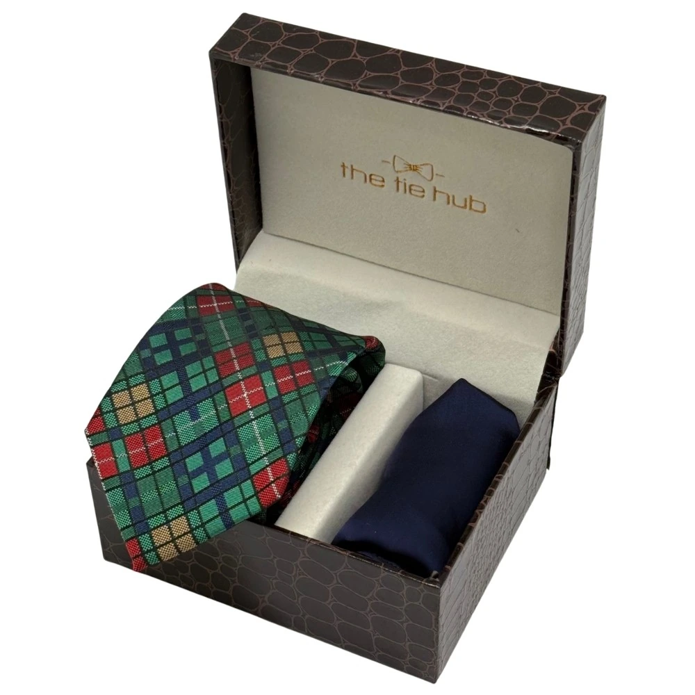 Multicolor Checkered Necktie with Navy Blue Pocket Square Combo for Men