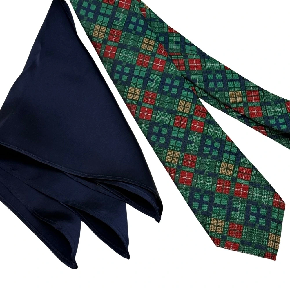 Multicolor Checkered Necktie with Navy Blue Pocket Square Combo for Men