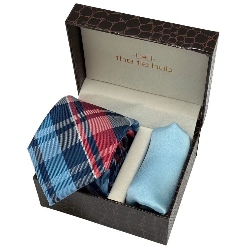Red and Blue Checkered Necktie with Light Blue Pocket Square Combo for Men