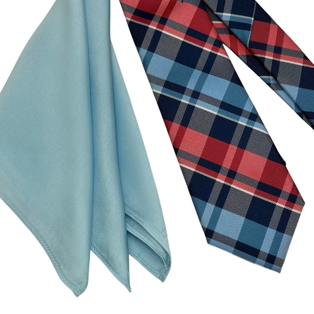 Red and Blue Checkered Necktie with Light Blue Pocket Square Combo for Men