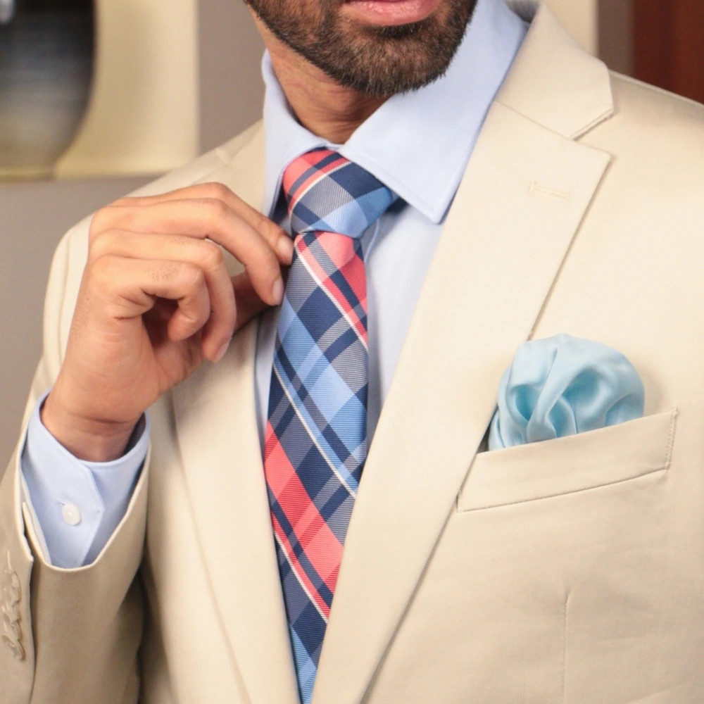 Red and Blue Checkered Necktie with Light Blue Pocket Square Combo for Men