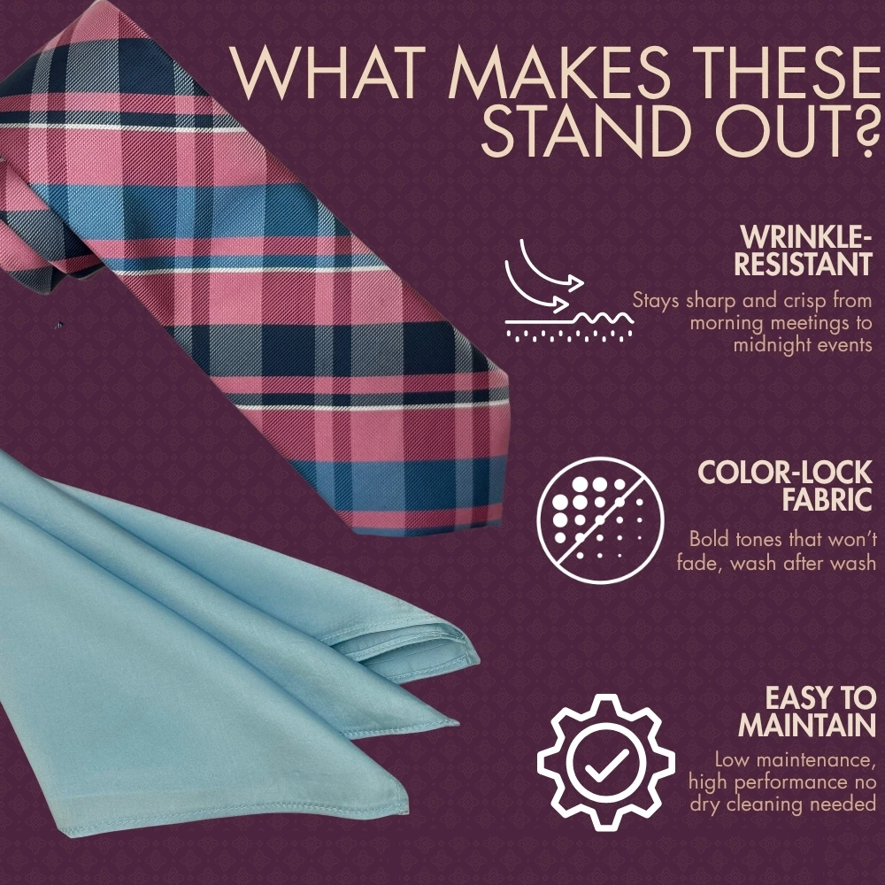 Red and Blue Checkered Necktie with Light Blue Pocket Square Combo for Men