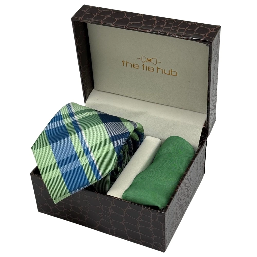 Green and Blue Checkered Necktie with Green Pocket Square Combo for Men