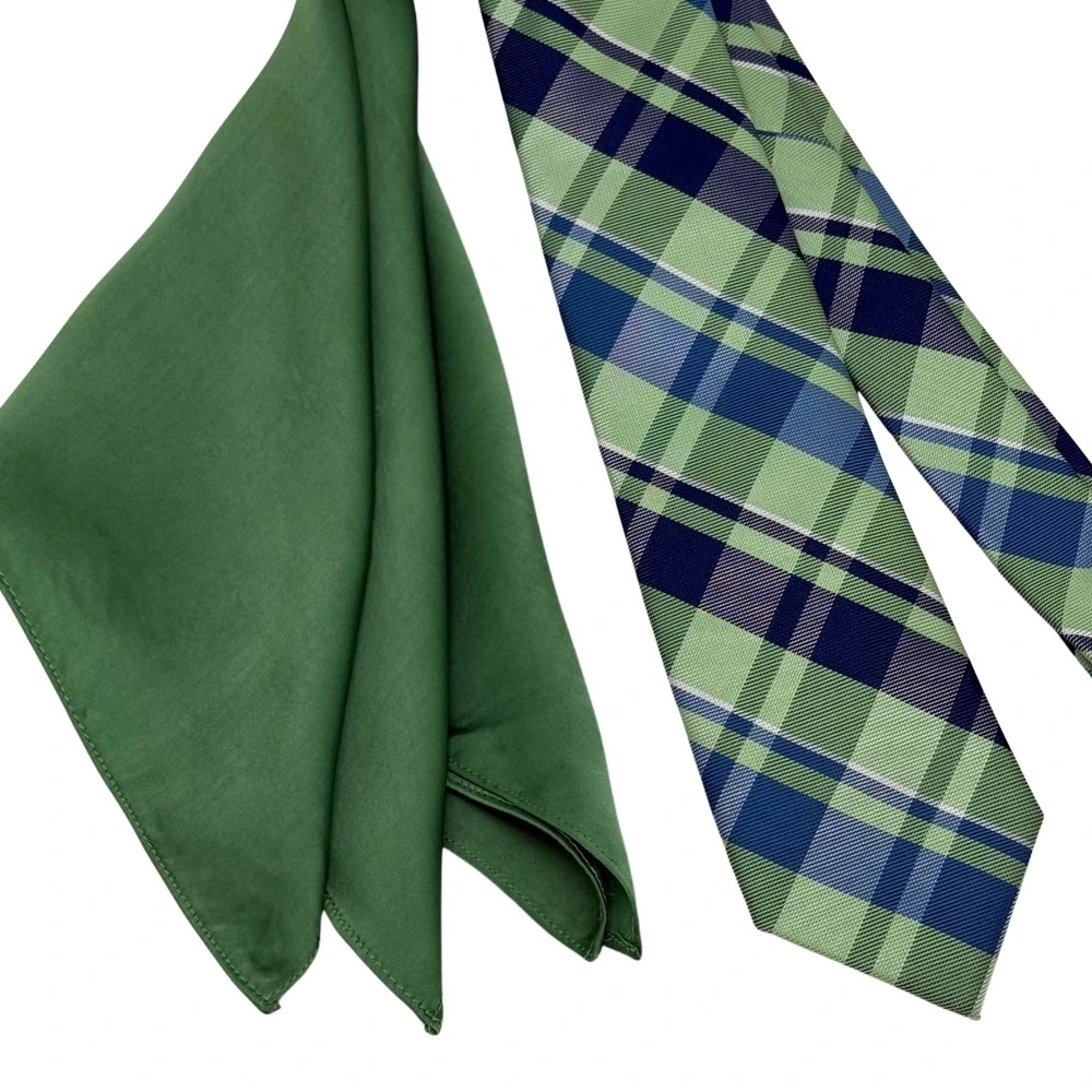 Green and Blue Checkered Necktie with Green Pocket Square Combo for Men