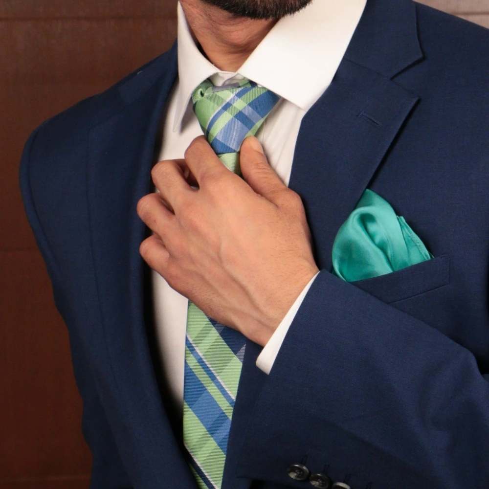 Green and Blue Checkered Necktie with Green Pocket Square Combo for Men