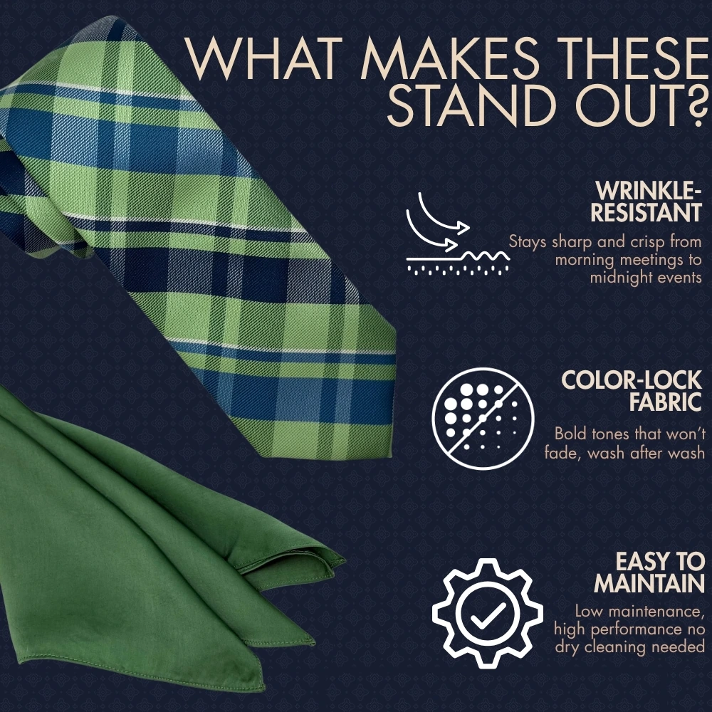 Green and Blue Checkered Necktie with Green Pocket Square Combo for Men