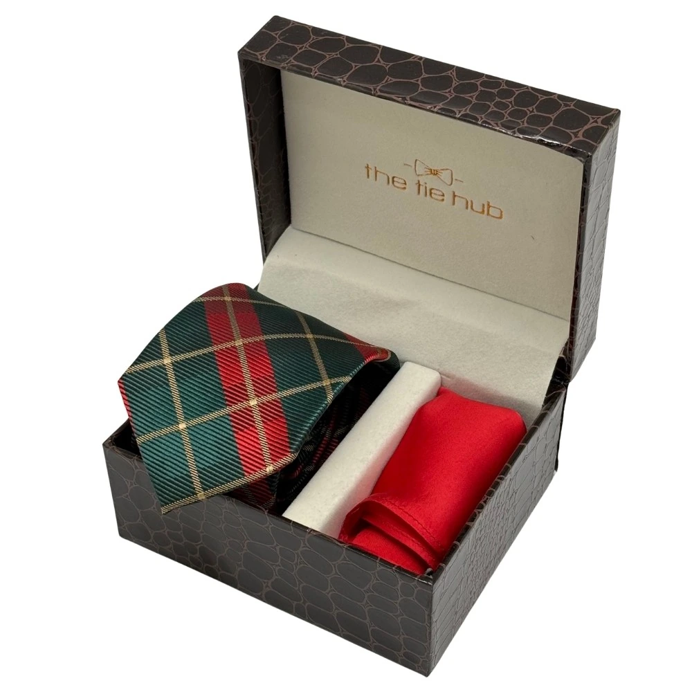 Green and Red Checkered Necktie with Red Pocket Square Combo for Men