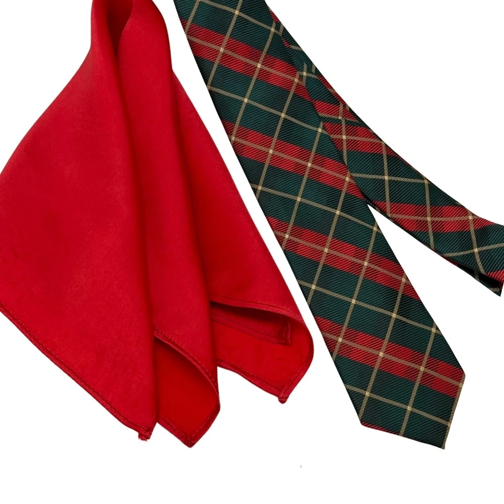 Green and Red Checkered Necktie with Red Pocket Square Combo for Men