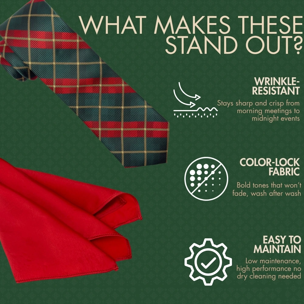 Green and Red Checkered Necktie with Red Pocket Square Combo for Men