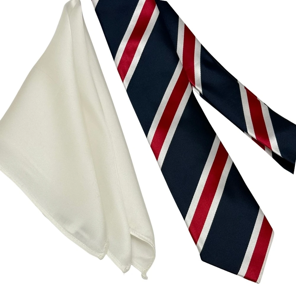 Navy Blue and Red Stripes Necktie with White Pocket Square Combo for Men
