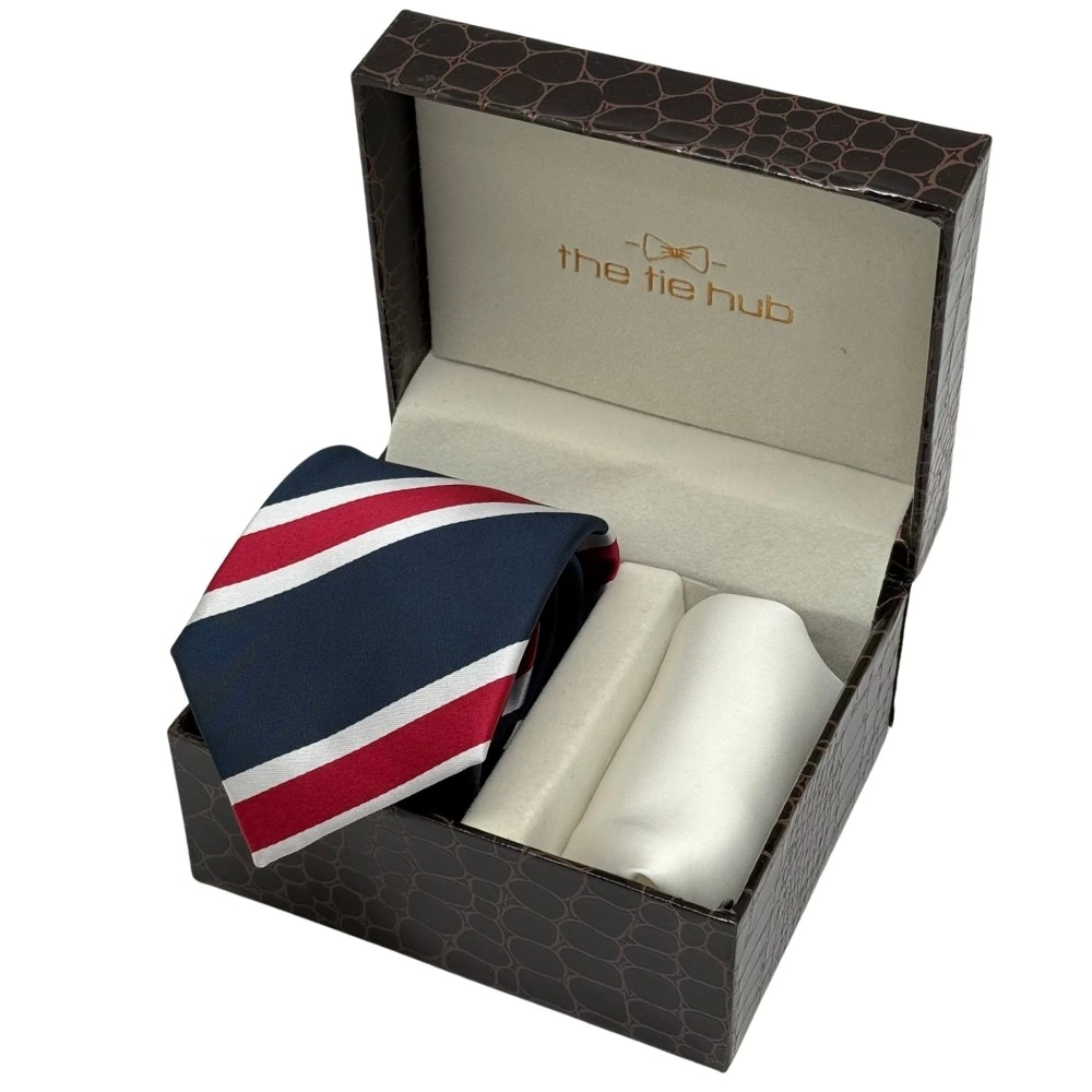 Navy Blue and Red Stripes Necktie with White Pocket Square Combo for Men