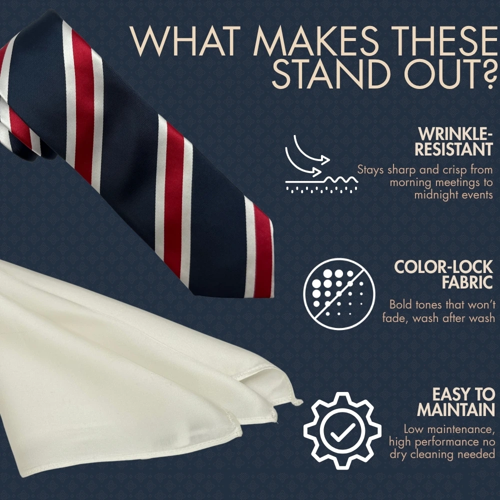 Navy Blue and Red Stripes Necktie with White Pocket Square Combo for Men
