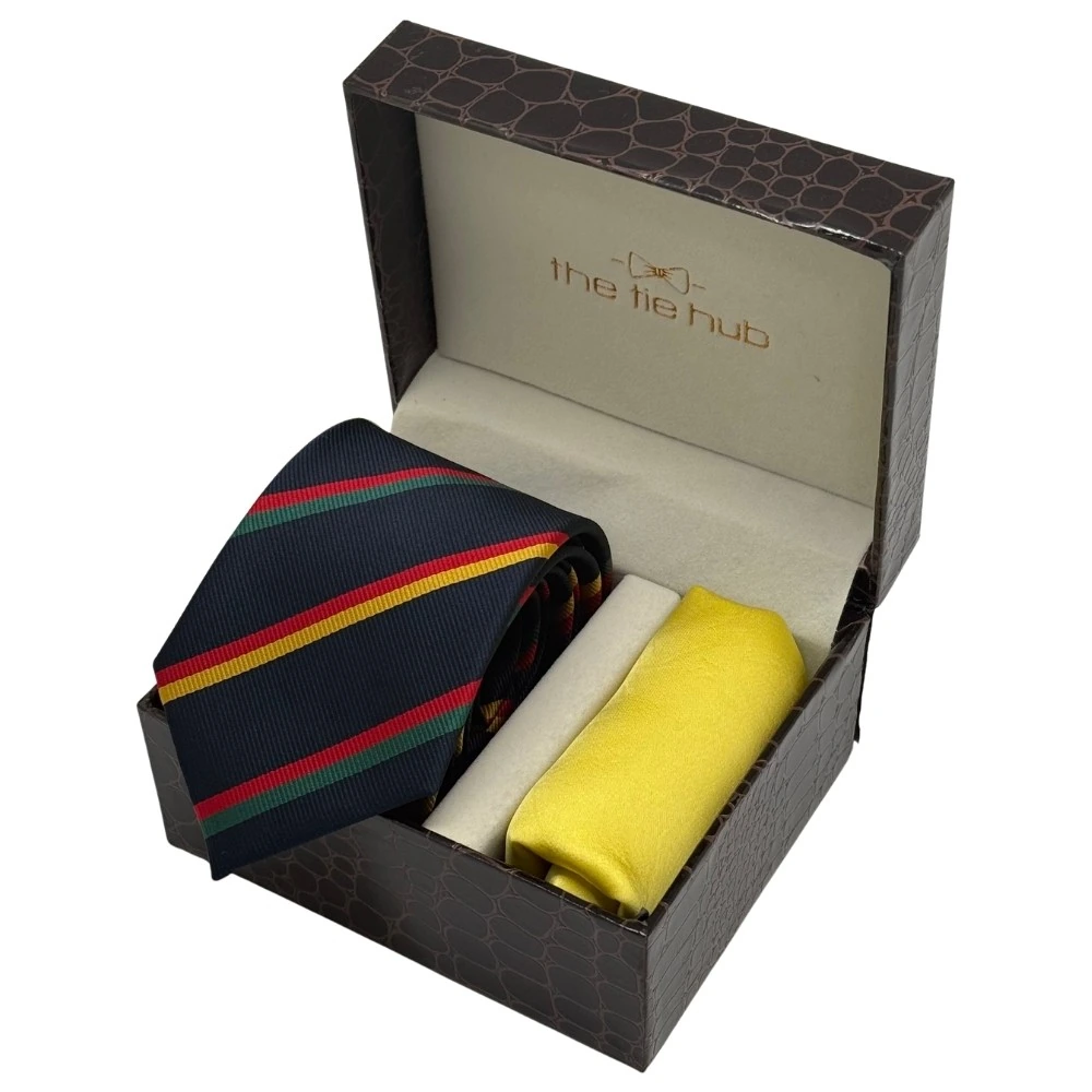 Navy Blue Multicolor Stripes Necktie with Yellow Pocket Square Combo for Men