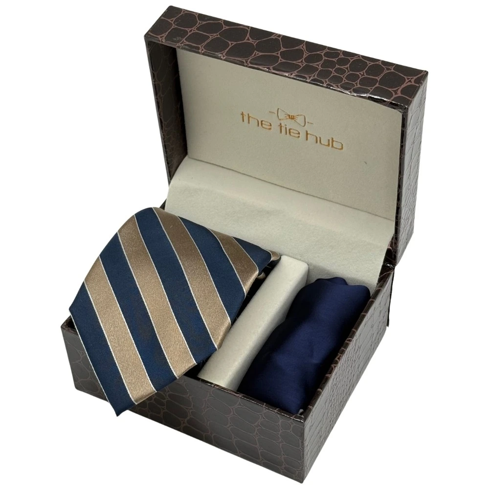 Navy Blue and Bronze Silk Necktie with Navy Blue Pocket Square Combo - Stripe Design for Men