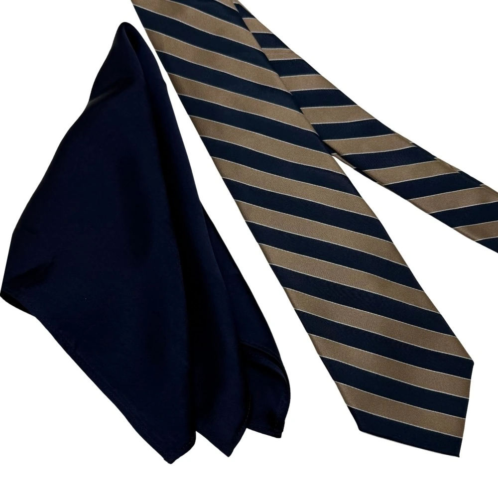 Navy Blue and Bronze Silk Necktie with Navy Blue Pocket Square Combo - Stripe Design for Men