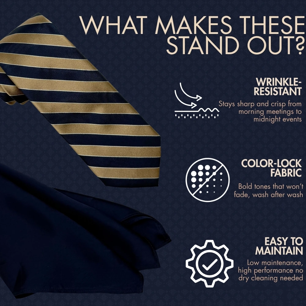 Navy Blue and Bronze Silk Necktie with Navy Blue Pocket Square Combo - Stripe Design for Men