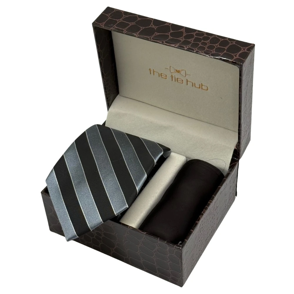 Black and Grey Silk Necktie with Brown Pocket Square Combo - Stripe Design for Men