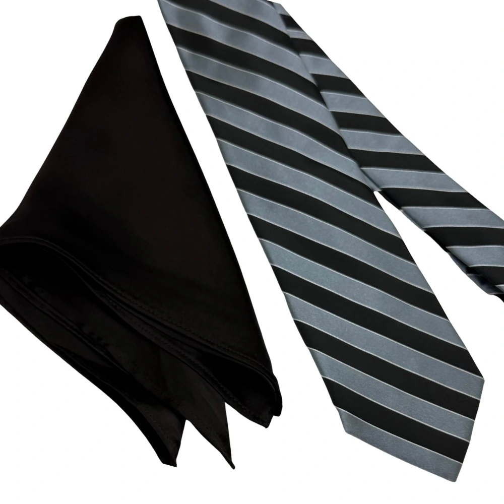 Black and Grey Silk Necktie with Brown Pocket Square Combo - Stripe Design for Men