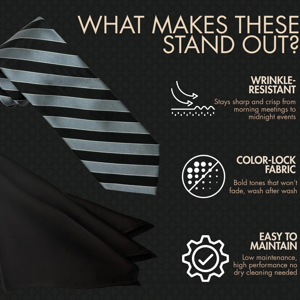 Black and Grey Silk Necktie with Brown Pocket Square Combo - Stripe Design for Men