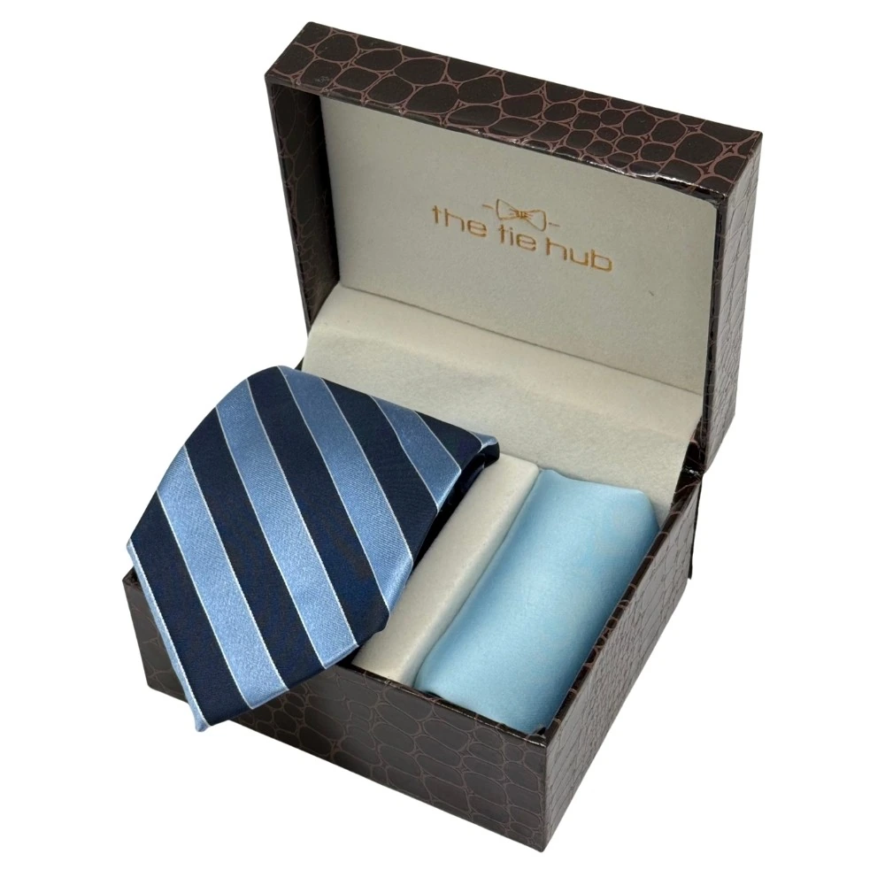Navy Blue and Light Blue Silk Necktie with Sky Pocket Square Combo - Stripe Design for Men