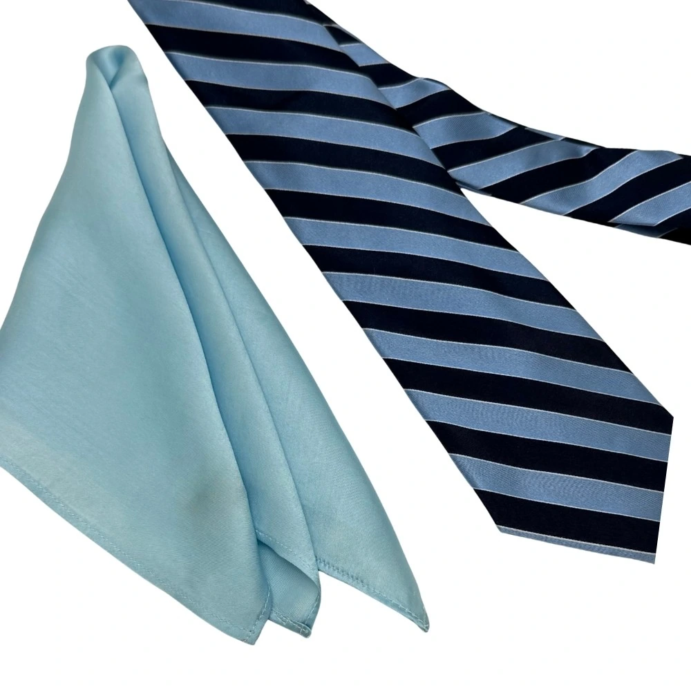 Navy Blue and Light Blue Silk Necktie with Sky Pocket Square Combo - Stripe Design for Men
