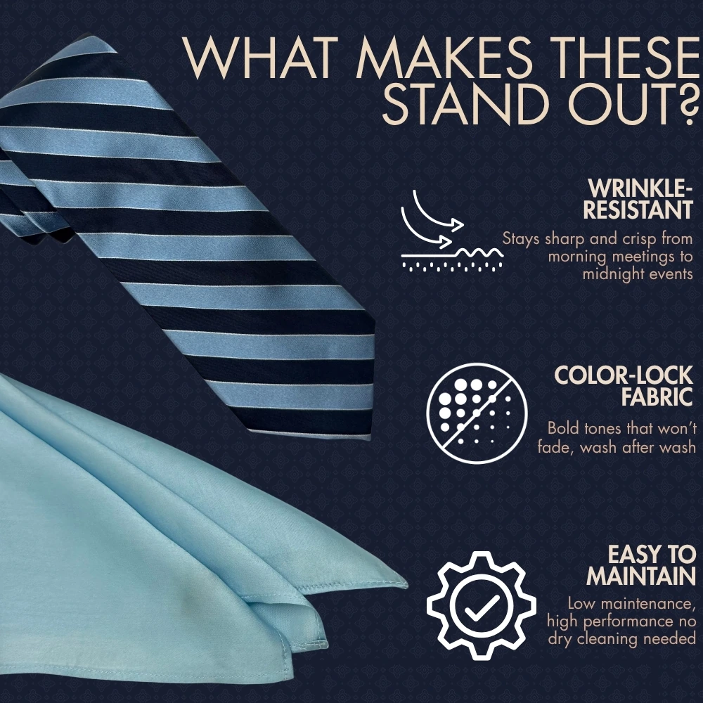 Navy Blue and Light Blue Silk Necktie with Sky Pocket Square Combo - Stripe Design for Men